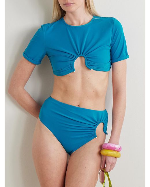 Christopher Esber Blue Crescent Embellished Cutout Ruched Bikini Briefs