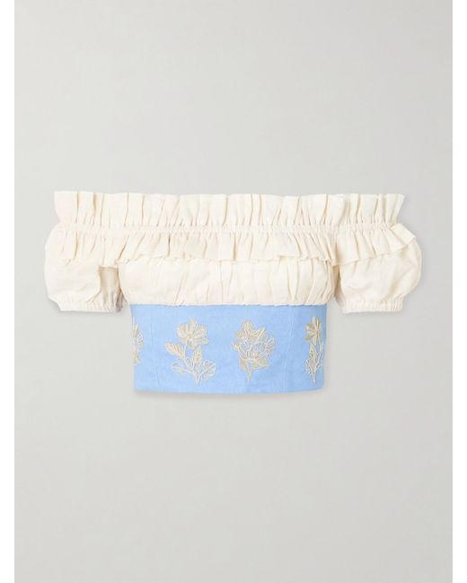 Agua Bendita Blue Pimienta Madera Cropped Off-The-Shoulder Ruffled Embroidered Linen Top