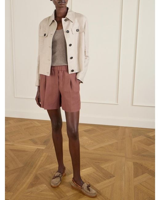 Brunello Cucinelli Red Pleated Twill Straight-Leg Shorts