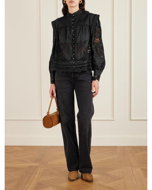 Farm Rio Black Richilieu Pleated Broderie Anglaise Cotton Blouse