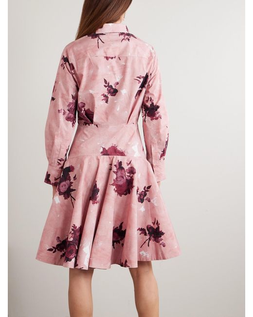 Erdem Pink Pleated Floral-Print Cotton-Poplin Mini Shirt Dress