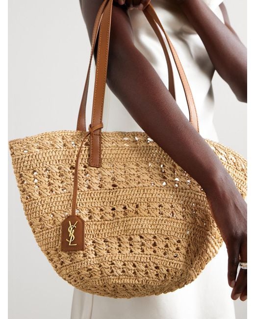 Saint Laurent Natural Panier Small Leather-Trimmed Raffia Tote
