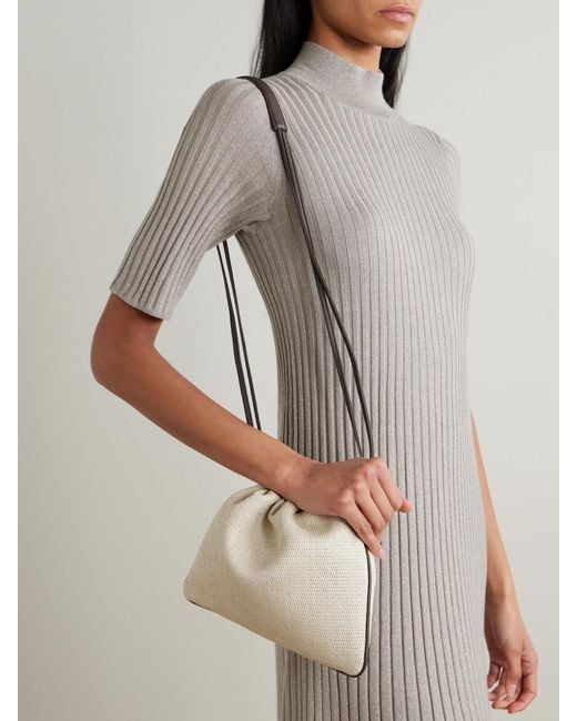 Brunello Cucinelli Natural Embellished Leather-Trimmed Raffia Shoulder Bag