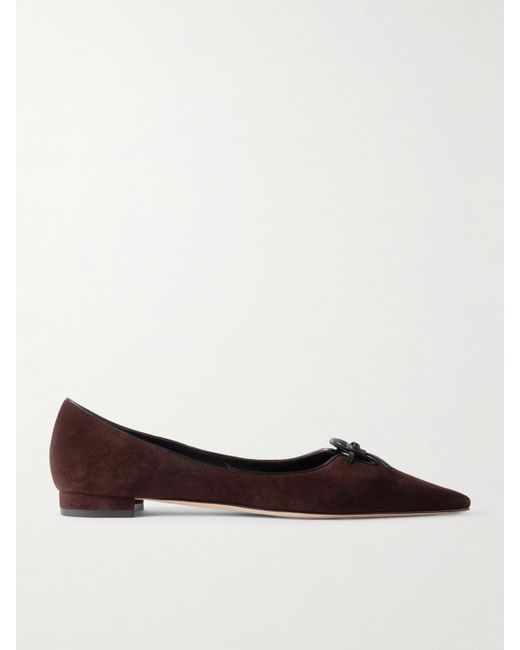 Manolo Blahnik Brown Leather-Trimmed Suede Point-Toe Flats