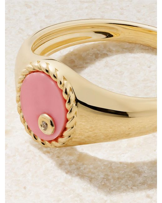 Yvonne Léon Natural Baby Chevalière 9-Karat, Coral And Diamond Signet Ring