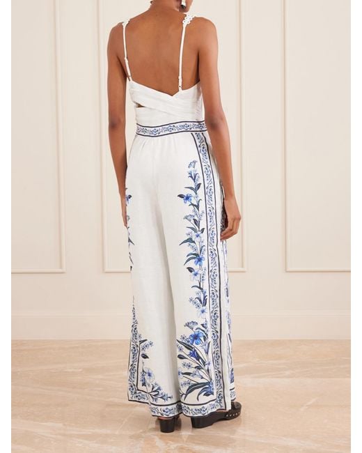 Farm Rio Blue Flowers Arch Printed Linen Jumpsuit