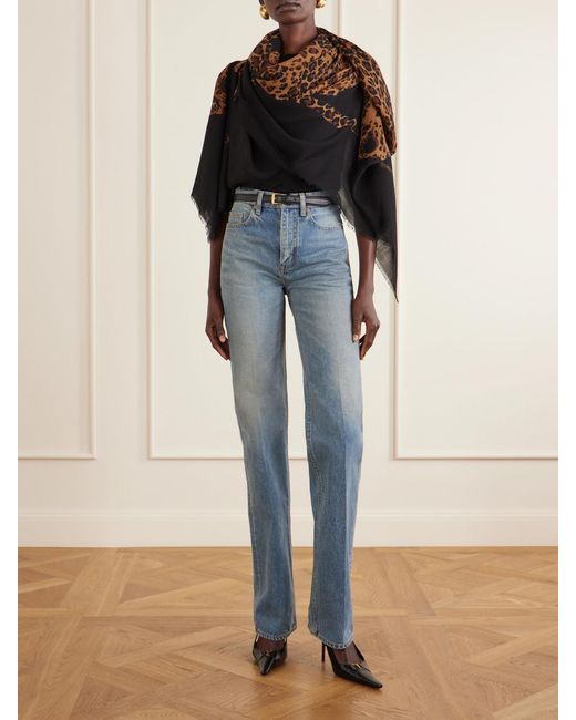Saint Laurent Black Etolel-Leopard Frayed Printed Wool-Twill Scarf