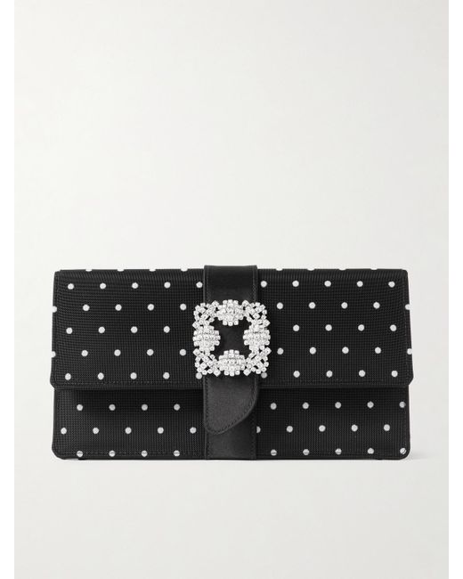 Manolo Blahnik Black Capri Satin-Trimmed Crystal-Embellished Embroidered Mesh Clutch