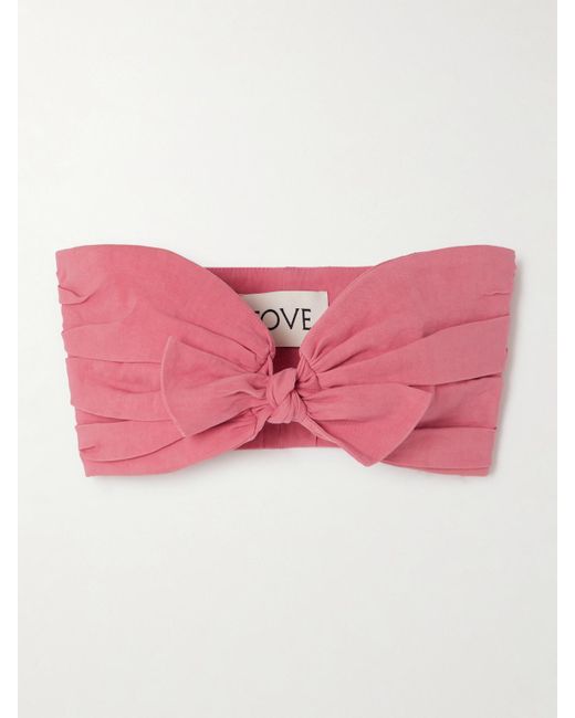 TOVE Pink Awa Cropped Tie-Front Gathered Stretch Linen And Cotton-Blend Top