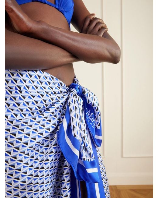 Max Mara Blue Beachwear Spuma Printed Silk Pareo