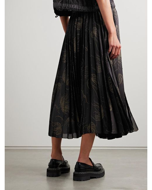 Sacai Black Wrap-Effect Pleated Printed Satin Midi Skirt