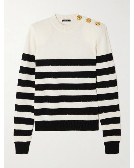 Balmain White Embellished Striped Knitted Sweater