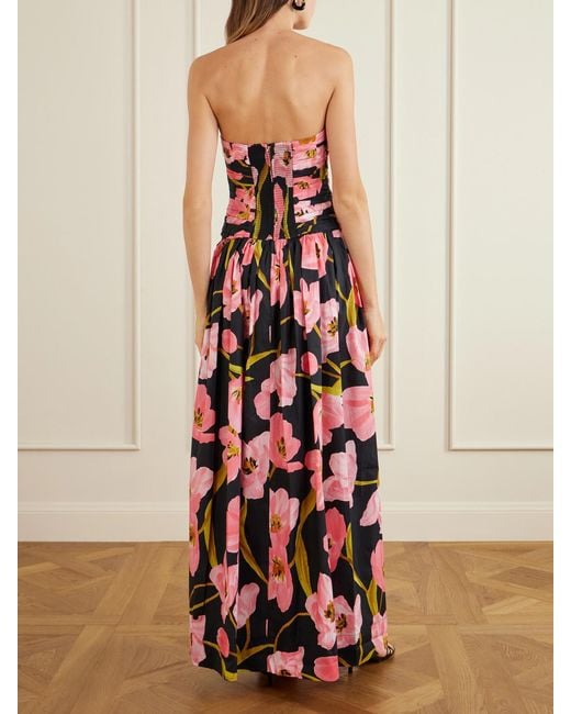 Cara Cara White Montreal Strapless Pleated Floral-Print Cotton-Poplin Maxi Dress