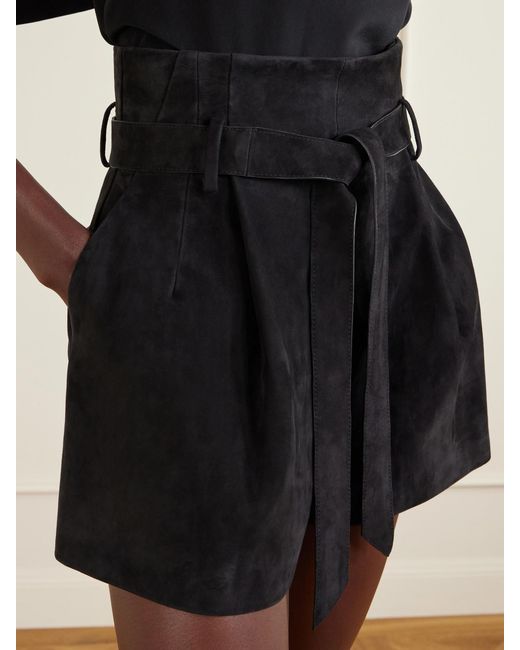 Galvan Black Livia Belted Pleated Suede Shorts