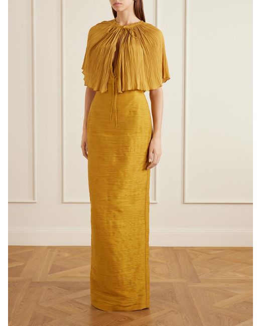 Marmar Halim Yellow Cape-Effect Plissé Satin Gown