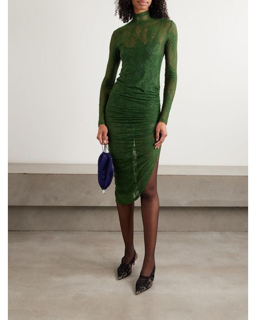 Norma Kamali Green Asymmetrisches Kleid Aus Stretch-Spitze Mit Stehkragen Und Raffung