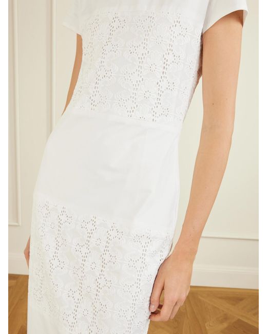 D'Estree White Clelia Paneled Broderie Anglaise-Trimmed Cotton-Poplin Midi Dress