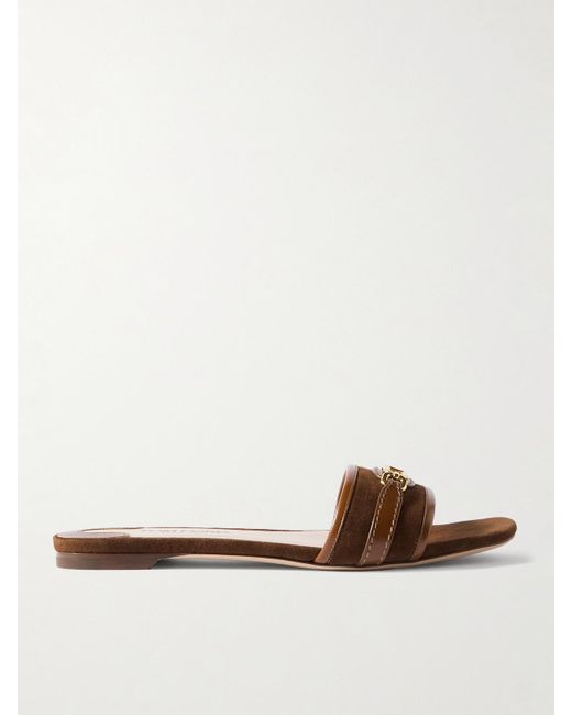 Tom Ford Brown Logo-Embellished Leather-Trimmed Suede Slides