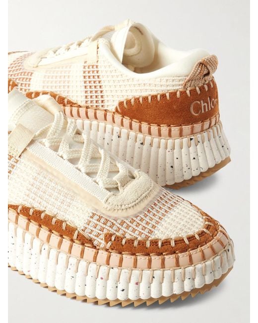 Chloé Natural Nama Embroidered Suede And Recycled-Mesh Sneakers
