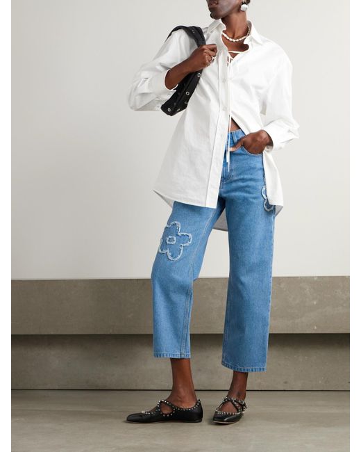 Marni Blue Cropped Appliquéd Mid-Rise Straight-Leg Jeans
