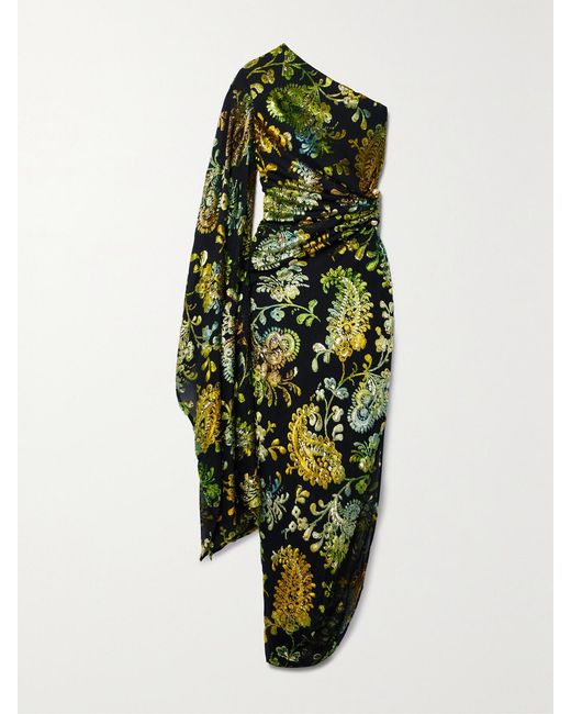 Cult Gaia Green Adira One-Sleeve Metallic Devoré-Chiffon Gown