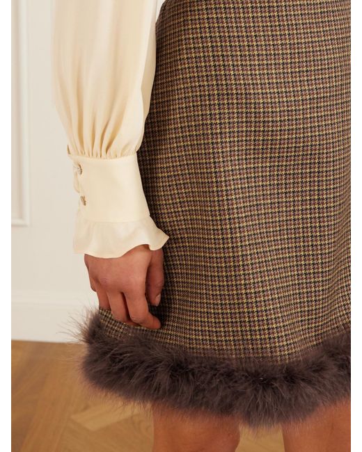 Valentino Garavani Natural Feather-Trimmed Houndstooth Wool Mini Skirt
