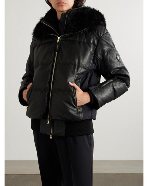 Bogner Black Melia Mehrlagige Skijacke Aus Gestepptem Leder Und Mit Shearling-Kapuze Und Daunenfüllung