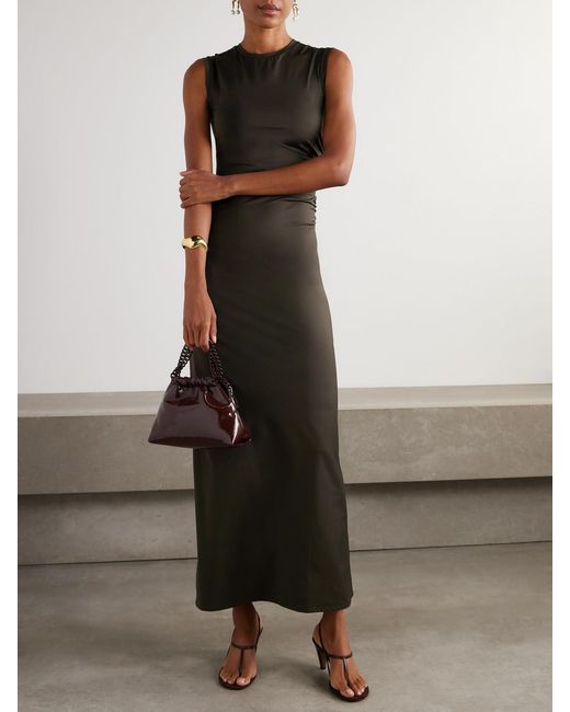 Stella McCartney Green Ruched Recycled Satin-Jersey Midi Dress