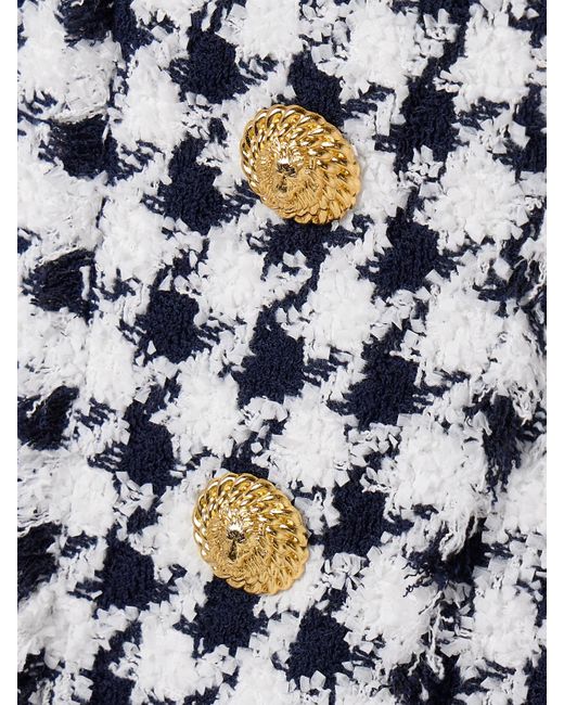Balmain Blue Button-Embellished Frayed Tweed Mini Dress
