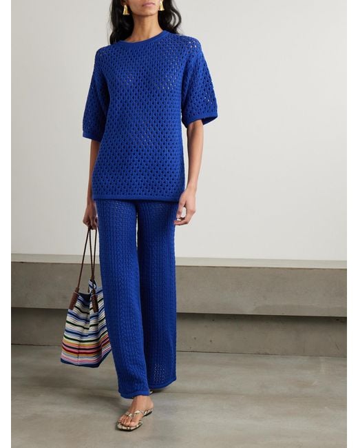 Escvdo Blue Espina Crocheted Cotton Flared Pants
