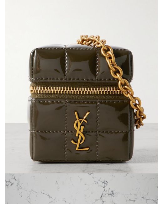 Saint Laurent Green Cassandre Micro Cube Quilted Patent-Leather Pouch