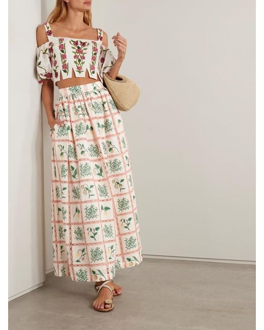 Agua Bendita Natural Tangelo Crochet-Trimmed Embroidered Cotton-Voile Maxi Skirt