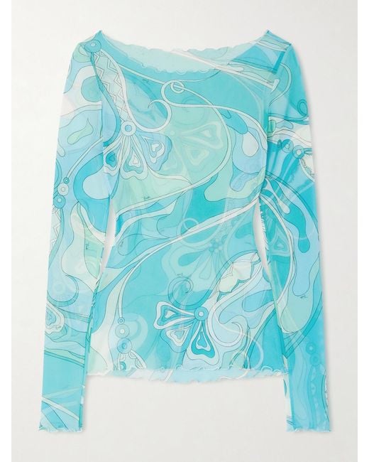 Emilio Pucci Blue Printed Stretch-Tulle Top