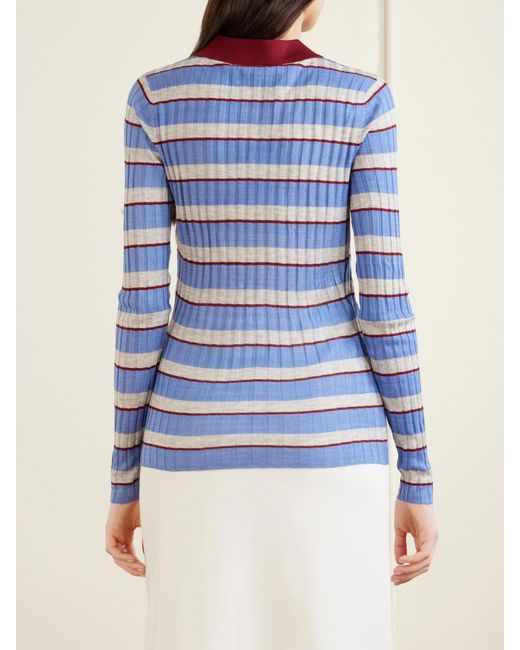 Brandon Maxwell Blue The Joni Striped Silk And Cashmere-Blend Polo Sweater