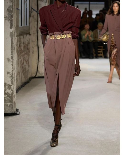Jupe Midi En Serge De Laine À Plis Et À Ceinture Dries Van Noten en coloris Brown