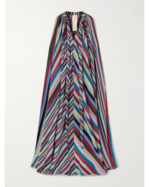 Marrakshi Life Blue Tie-Neck Cape-Effect Striped Cotton Maxi Dress