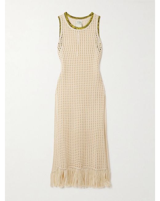 Escvdo Natural Atuq Fringed Open-Knit Cotton Midi Dress