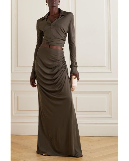 Bottega Veneta Brown Embellished Cutout Ruched Stretch-Jersey Maxi Dress