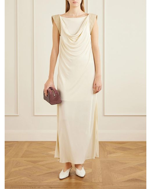 Bottega Veneta White Intrecciato Draped Leather-Trimmed Jersey Maxi Dress