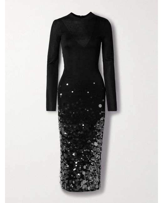 Carolina Herrera Black Sequin-Embellished Knitted Midi Dress