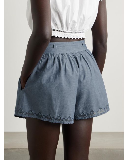 Ulla Johnson Blue Elowen Belted Tulle-Trimmed Embroidered Cotton-Chambray Shorts