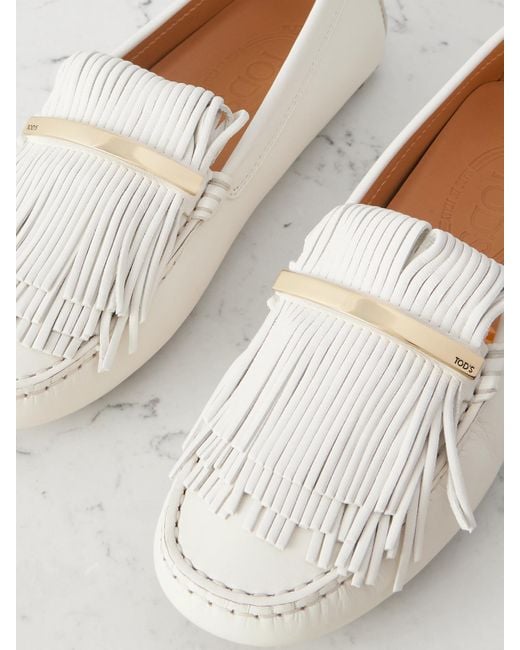 Tod's Natural Gommino Embellished Fringed Leather Loafers