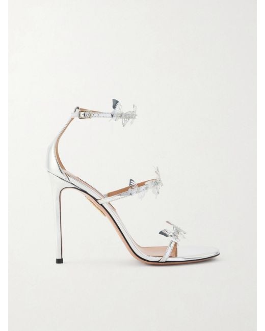 Aquazzura White Papillon Sauvage 105 Embellished Metallic-Leather Sandals
