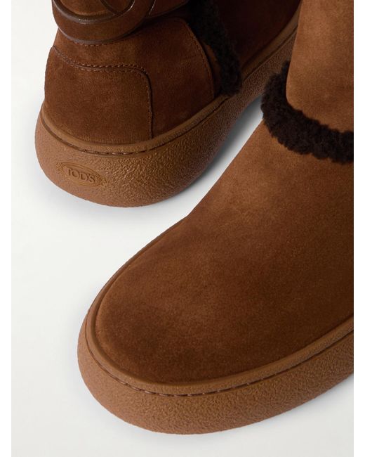 Tod's Brown Shearling-Lined Leather-Trimmed Suede Ankle Boots