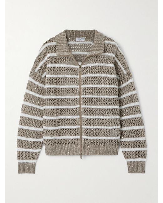 Brunello Cucinelli Gray Sequined Striped Open-Knit Linen-Blend Cardigan
