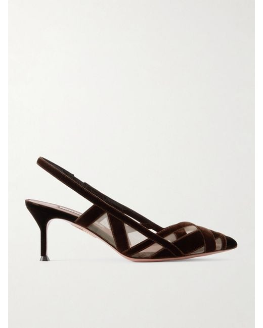 Aquazzura Brown Wrap Me Up 65 Velvet And Mesh Slingback Pumps