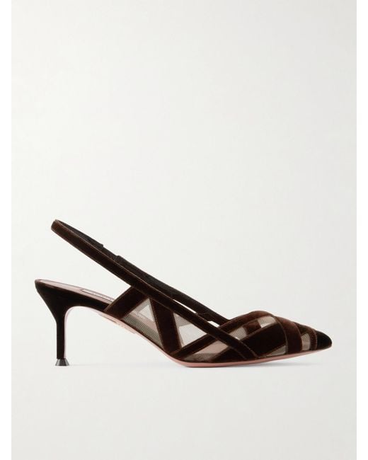 Aquazzura Brown Wrap Me Up 65 Velvet And Mesh Slingback Pumps