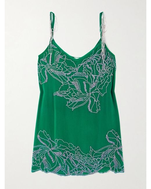 Dries Van Noten Green Embellished Silk-Crepe Camisole