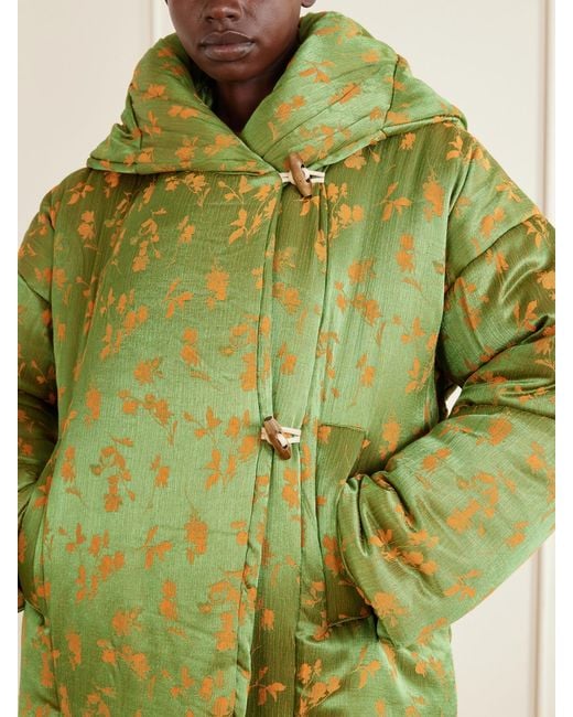 Dries Van Noten Green Hooded Padded Floral-Jacquard Short Jacket