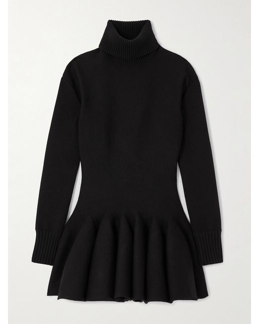 Valentino Garavani Black Pleated Knitted Wool-Blend Turtleneck Mini Dress